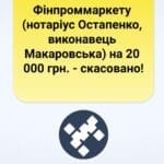 Напис Фінпроммаркету (нотаріус Остапенко, виконавець Макаровська) на 20 000 грн