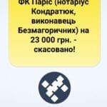 Виконавчий напис ФК Паріс (нотаріус Кондратюк, виконавець Безмагоричних) на 23 000 грн