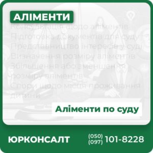 Консультація щодо аліментів Підготовка документів для суду Представництво інтересів у суді Визначення розміру аліментів Збільшення або зменшення розміру аліментів Спори щодо місця проживання дитини