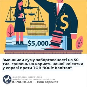 Зменшили суму заборгованості на 50 тис. гривень на користь нашої клієнтки у справі проти ТОВ "Юніт Капітал"