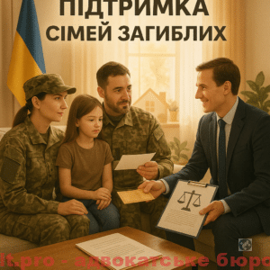 Ілюстрація, що показує підтримку сімей загиблих військових в Україні через державні виплати та пільги, з акцентом на юридичну допомогу й соціальний захист.