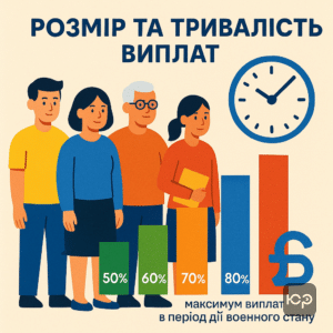 Інформація про розмір та тривалість виплат допомоги по безробіттю в Україні з урахуванням відсотків залежно від стажу та максимального розміру виплат під час воєнного стану.