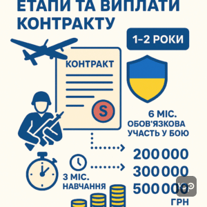 Умови та етапи контракту 18-24 з описом тривалості служби, бойової участі, підготовки та фінансових виплат за програмою 18-24 в Україні.