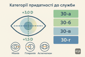 Критерії придатності до військової служби за статтею 30: діоптрії, категорії придатності, короткозорість, далекозорість, астигматизм в медичних наказах 2024