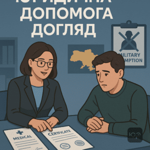 Ілюстрація юридичної консультації щодо оформлення довідок МСЕК та ЛКК для отримання постійного догляду та звільнення від військової служби в умовах військового стану в Україні.