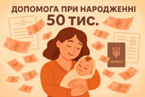 Інформація про одноразову допомогу при народженні дитини в Україні у 2026 році та процес отримання виплати одним із батьків.