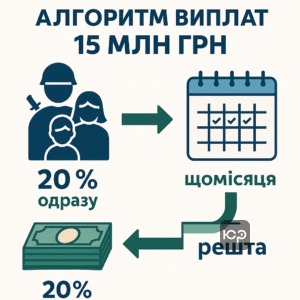 Інфографіка алгоритму і строків виплат одноразової допомоги в 15 млн грн повнолітнім дітям загиблих військових, з розподілом на початковий платіж та подальші щомісячні виплати, з врахуванням змін строків залежно від дати загибелі.