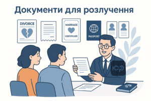 Перечень необходимых документов для расторжения брака с помощью адвоката, включающий исковое заявление, квитанцию, свидетельство о браке, паспорт и свидетельства о рождении детей.