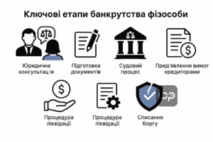 Етапи процедури банкрутства фізичної особи в Україні з акцентом на юридичний супровід кожного кроку від підготовки до звернення до суду до звільнення від боргів. Інформація про роль адвоката у захисті інтересів клієнта та процесі реструктуризації боргів і ліквідації майна.