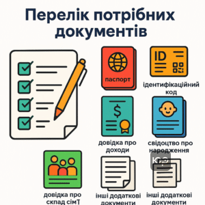 Перелік документів для оформлення заяви на одноразову грошову допомогу - паспорт, ідентифікаційний код, довідки про доходи, свідоцтва про народження, довідка про склад сім’ї та інші підтверджуючі документи