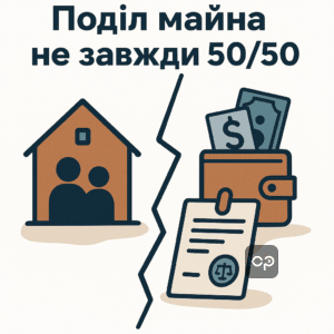 Пояснення, що майно поділяється не завжди рівно 50/50 відповідно до статті 60 сімейного кодексу України, із врахуванням індивідуальних обставин в суді при розлученні.