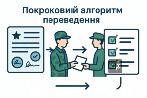 Покроковий алгоритм отримання відношення з військової частини для переведення військовослужбовця, з ілюстрацією основних етапів процесу оформлення документів