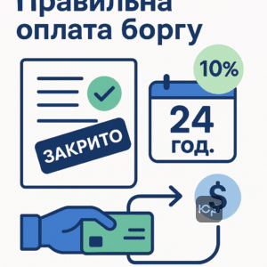 Ілюстрація, що демонструє правильну оплату боргу з урахуванням 10% збору і швидке закриття виконавчого провадження за 24 години, включно з порадами із збереження підтверджень платежів.