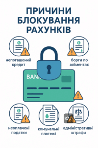 Причини блокування банківських рахунків в Україні: несплачені кредити, аліменти, податки, штрафи. Пояснення законних підстав арешту рахунків та допомога адвокатів у розблокуванні фінансів.
