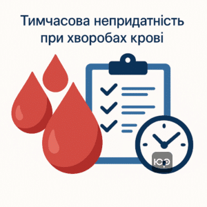 Иллюстрация, символизирующая временную непригодность из-за болезней крови, лечения и реабилитации, с медицинскими символами и часами как признаком отсрочки мобилизации.