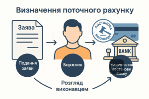 Покрокове визначення поточного рахунку фізичної особи боржника у банку для видаткових операцій, включаючи подачу заяви, розгляд виконавцем та постанову для банку.