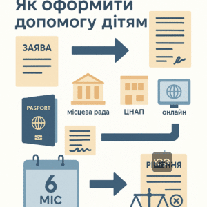 Покроковий алгоритм оформлення тимчасової допомоги дітям без аліментів з поясненням як подати заяву, необхідні документи та строки розгляду.