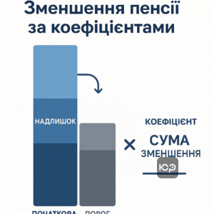 Пояснення принципу роботи обмежувальних коефіцієнтів для зменшення пенсії понад 25950 грн за Постановою №1778 у 2026 році з прикладами коефіцієнтів та формулою розрахунку суми зменшення виплат.