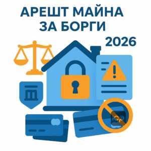 Иллюстрация, символизирующая арест имущества и блокировку счетов из-за долгов за коммунальные услуги в 2026 году, с акцентом на процедуре ареста и конфискации имущества в соответствии с законом Украины.