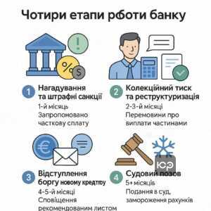 Ключові етапи роботи банку з проблемною заборгованістю: нагадування, реструктуризація, відступлення боргу, судові позови та арешти рахунків