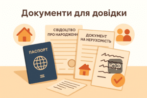 Необхідні документи для отримання довідки про спільне проживання: паспорт, свідоцтва, документи на нерухомість, акти обстеження житла, докази спільного побуту для підтвердження проживання.