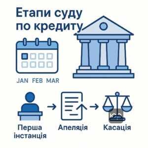 Длительность судебного процесса по кредиту в Украине с основными этапами рассмотрения дела: первая инстанция, апелляция, кассация.