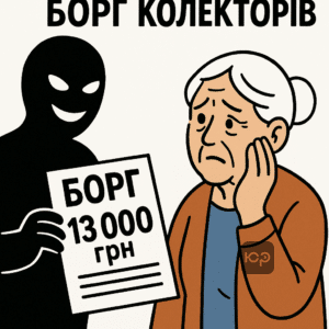 Иллюстрация, показывающая схему фейкового долга на 13 000 грн от коллекторов, которая угрожает пенсионерам и переселенцам, вызывая страх и обман в уплате вымышленных долгов.