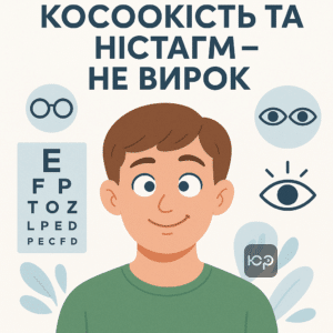 Пояснення, що косоокість та ністагм не є перешкодою для військової служби за умови функціональної спроможності, з описом офтальмологічних обстежень для оцінки придатності.