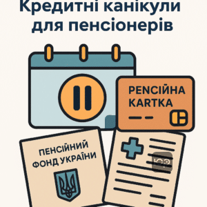 Ілюстрація, що відображає умови кредитних канікул для пенсіонерів в Україні, включно з підтвердженням пенсійного статусу та медичними довідками, що допомагають уникнути стягнень і отримати підтримку банку.