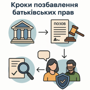 Покроковий план процедури позбавлення батьківських прав в судовому порядку з фокусом на консультації, збір доказів, судовий розгляд та підтримку адвоката.