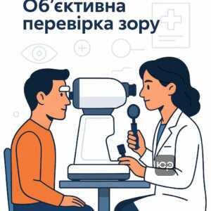 Объективное аппаратное обследование зрения во время медицинского осмотра с использованием рефрактометра и скиаскопии для точной диагностики аномалий рефракции, согласно медицинскому протоколу.