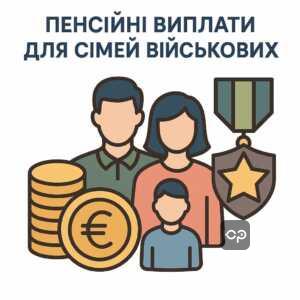 Ілюстрація про розмір пенсійних виплат для родин військовослужбовців, що пояснює залежність виплат від грошового забезпечення та кількості утриманців.