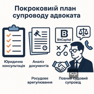 Покроковий план дій адвоката для захисту в суді від BitCapital з юридичною консультацією, аналізом документів, стратегією, досудовим врегулюванням та судовим супроводом по Україні.