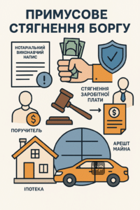 Примусове стягнення боргу за кредитним договором в Україні, включно з нотаріальним виконавчим написом, арештом майна та відповідальністю поручителя, ефективні юридичні послуги адвоката.