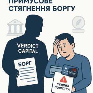 Пояснення типового процесу примусового стягнення боргів компанією Вердикт Капітал, включає купівлю проблемних кредитів і судові дії, що ведуть до арешту банківських рахунків та повісток.