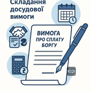 Иллюстрация процесса составления досудебного требования об уплате долга с примерами реквизитов, описанием нарушения договора и расчетом долга в соответствии с Гражданским кодексом Украины.