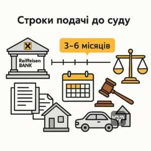 Терміни подачі Райффайзен Банком позову до суду за простроченими кредитами, з акцентом на строки від 3 до 6 місяців та особливості різних типів кредитів в Україні.