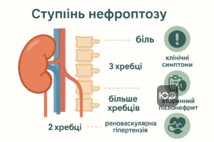 Визначення ступеня нефроптозу рентгенологічно та його вплив на ВЛК. Інфографіка про опущення нирки, больовий синдром та клінічні прояви для медичного блогу.
