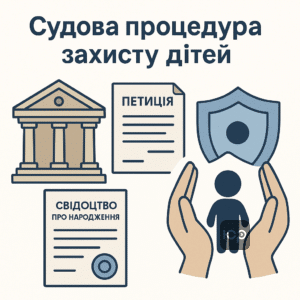 Ілюстрація, що відображає судову процедуру добровільної відмови від батьківських прав з акцентом на правові документи та захист прав дитини.