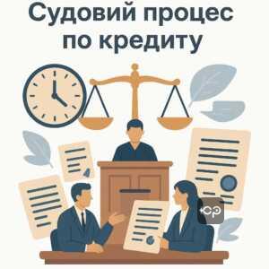 Иллюстрация, символизирующая продолжительность судебного процесса по кредиту, включая баланс справедливости, документы и часы, показывающие время суда, с акцентом на права должников и возможности реструктуризации долга.