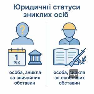 Пояснення різниці між юридичними статусами безвісно відсутніх та осіб зниклих за особливих обставин в Україні, з акцентом на правові наслідки і процедури оформлення документації.