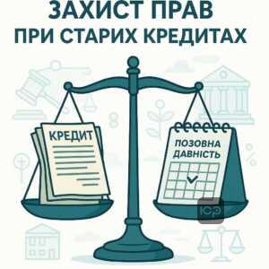 Ілюстрація, що символізує застосування позовної давності у судових спорах по старих кредитах в Україні, акцент на юридичній захисті від вимог фінансових установ щодо заборгованості.