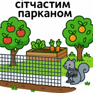 Эффективные физические барьеры и ограждения для защиты сада от белок, в частности сетчатый забор с малыми отверстиями и защита плодовых деревьев и грядок.