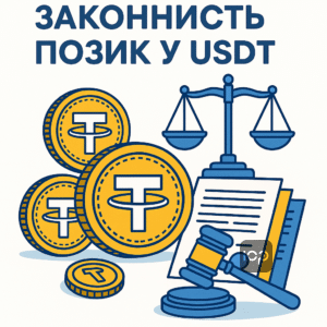 Ілюстрація, що символізує законність нарахування відсотків у позиках USDT згідно з Цивільним кодексом України, з елементами криптовалюти, юридичних документів та символів права