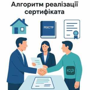 Практичний алгоритм реалізації сертифіката у сфері нерухомості, включаючи угоду між покупцем і продавцем, участь нотаріуса та реєстрацію права власності, а також фінансові операції державою.