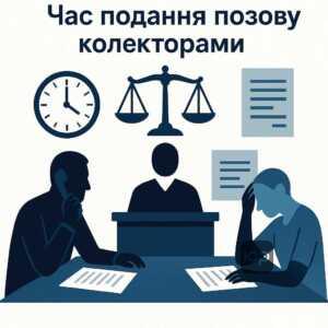 Ілюстрація описує часові рамки для подання позовів колекторами та правові аспекти врегулювання боргових суперечок в Україні, включно з порадами щодо захисту у суді.