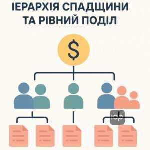 Принципи розподілу майна між родичами за законом, з ілюстрацією ієрархії п'яти груп родичів та рівного поділу спадщини серед членів кожної групи.