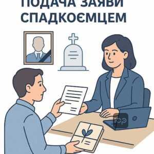 Ілюстрація описує процес подачі заяви спадкоємцем після смерті власника, включаючи відкриття спадкової справи та отримання компенсації, детально роз'яснюючи юридичні кроки в Україні.