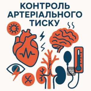 Ілюстрація, що пояснює гіпертонічну хворобу, її вплив на серце, мозок, нирки, очі та судини згідно з вимогами Наказу №402 про підвищений артеріальний тиск і придатність до військової служби.