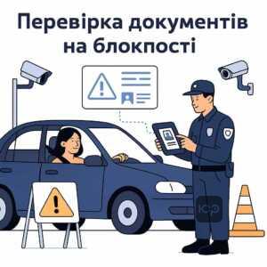 Перевірка документів на блокпості при підозрі на розшук ТЦК – як поліція зупиняє авто, використовуючи цифрові бази даних і планшети.